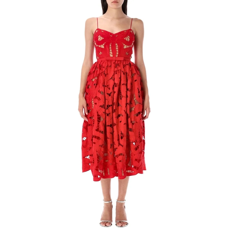 Self Portrait Midi-jurk Bow Embroidered Midi Dress Red