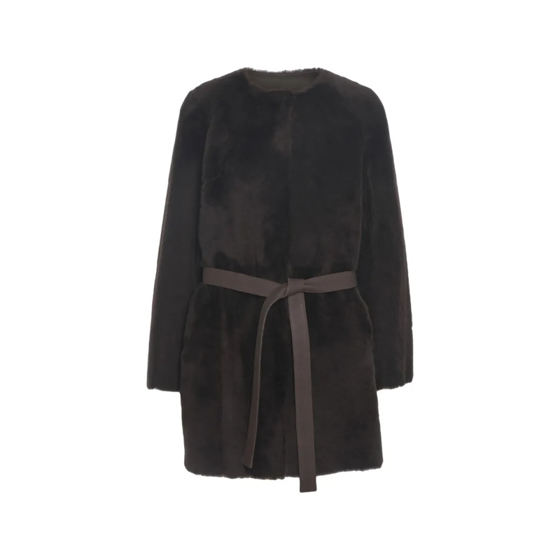 Desa 1972  Shearling Coat With Round Neckline And Waist Belt Black