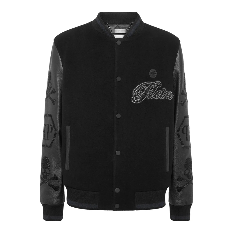 Philipp Plein Lederjacke Leather Bomber Wool &Amp Embellished schwarz