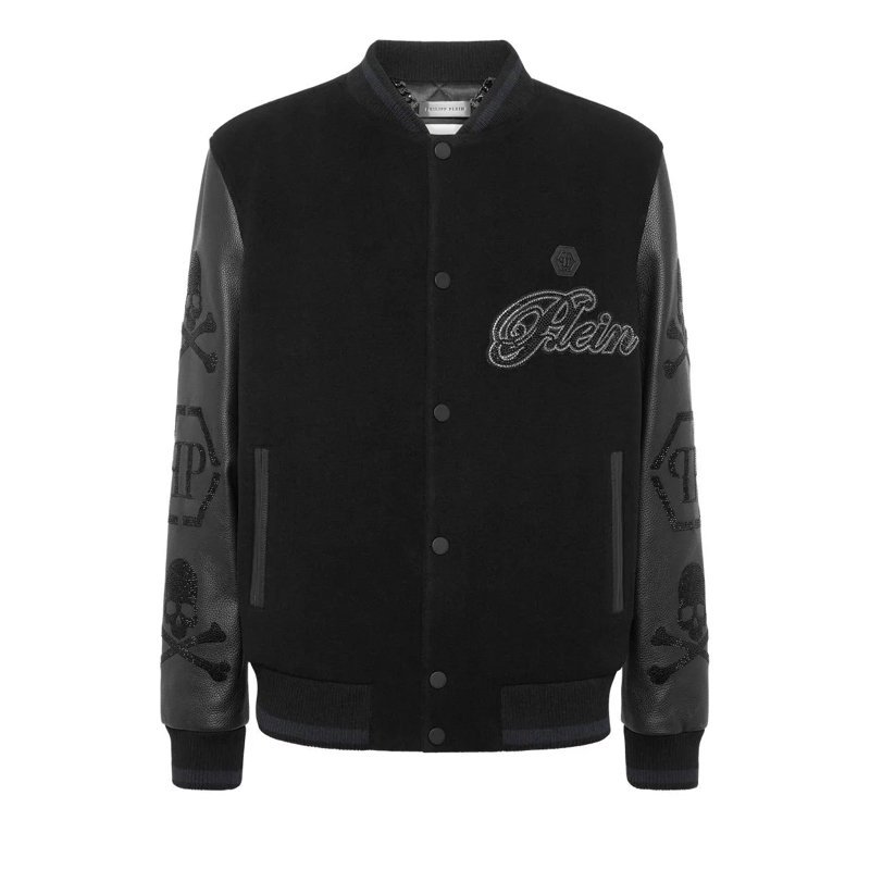Philipp Plein Bomberjacke Leather Bomber Wool &Amp Embellished schwarz