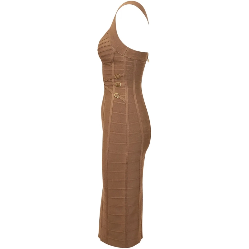 Elisabetta Franchi Maxikleid Abito Midi in Maglia con Spalline Incrociate beige(Image 3)
