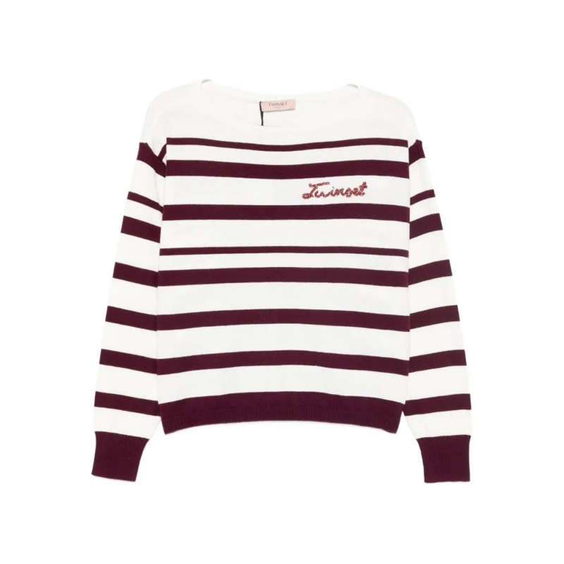 Twin-Set Pull Relaxed Fit Striped Knit Sweater White