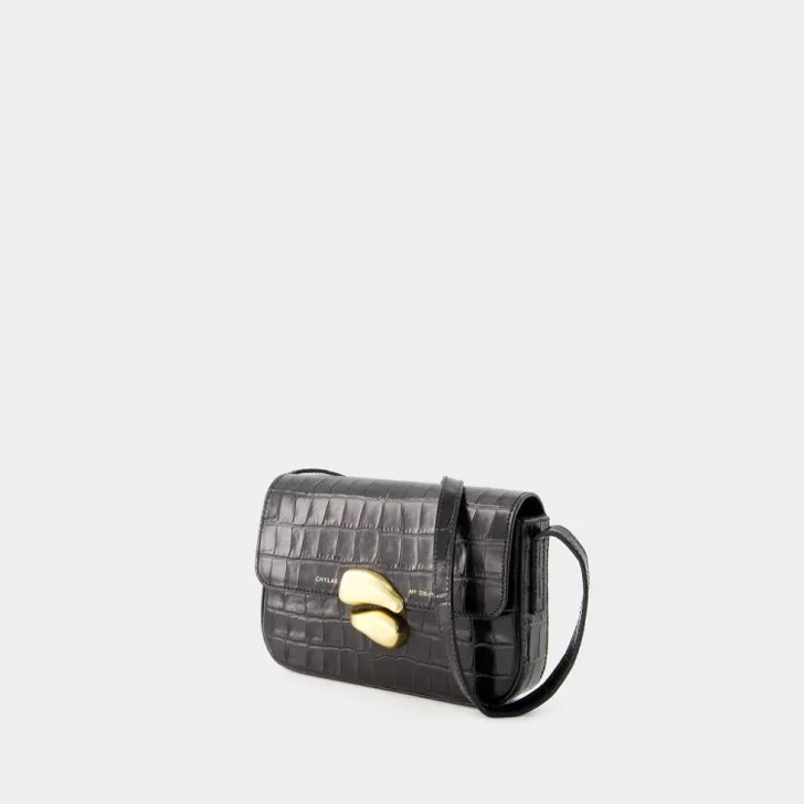 Chylak Classic Flap Bag Leather Glossy Black Croco Black Crossbody Bag