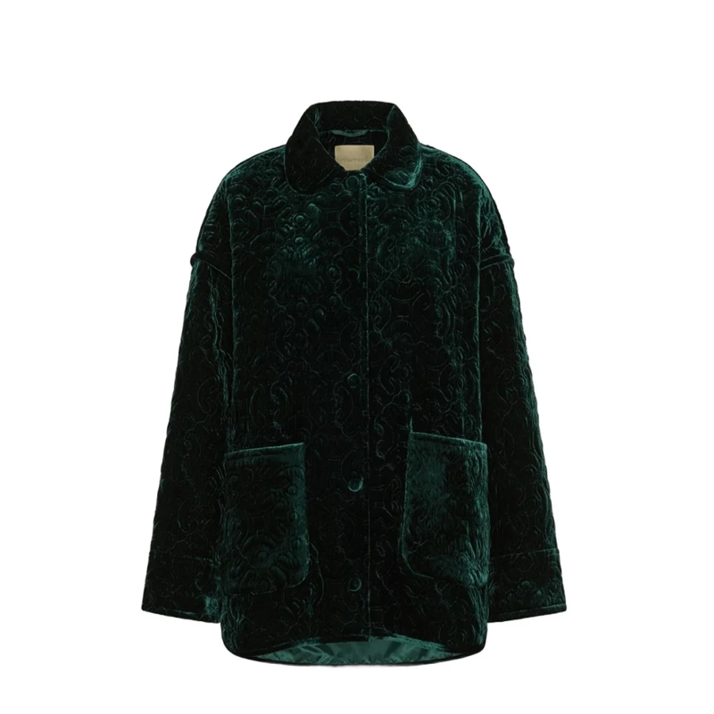 Momonì Winterjas Embossed Floral Velvet Green Coat With Relaxed Fit Green