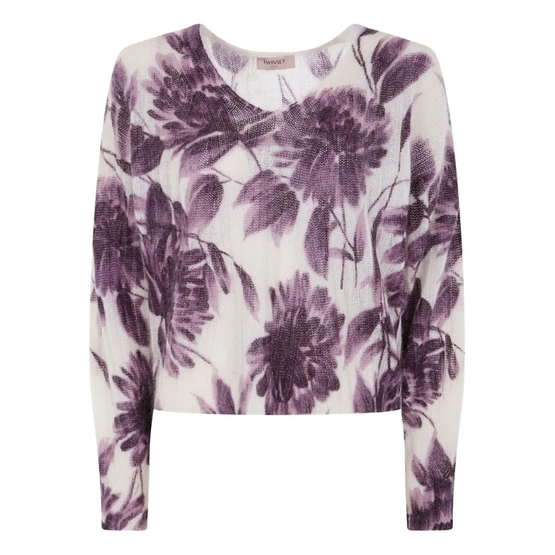 Twin-Set Pull Cropped Sweater With Floral Pattern And Textured F Multicolor