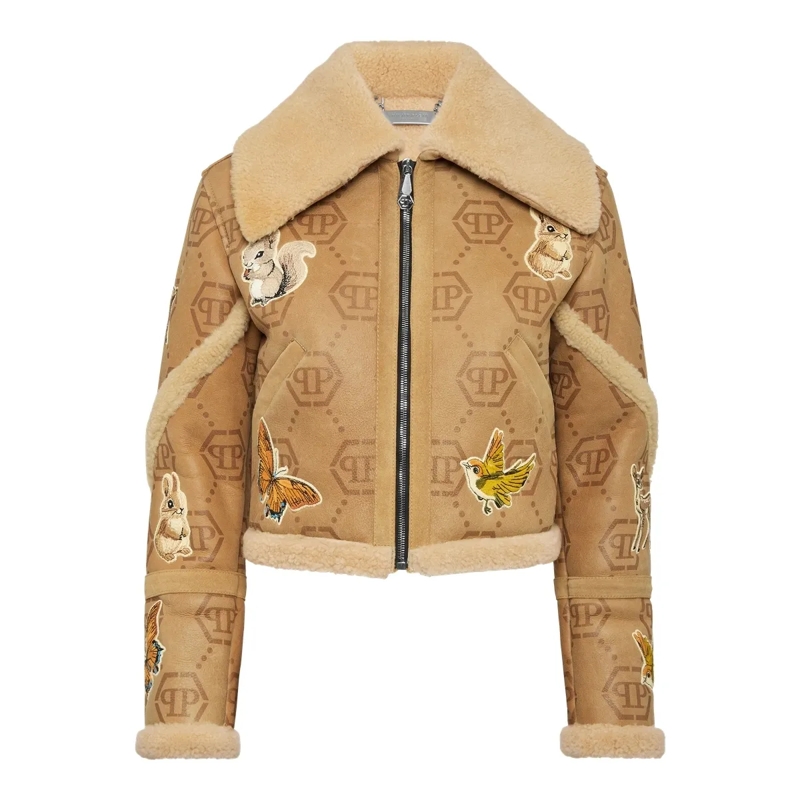Philipp Plein Lederjacke Leather Jacket Monogram beige