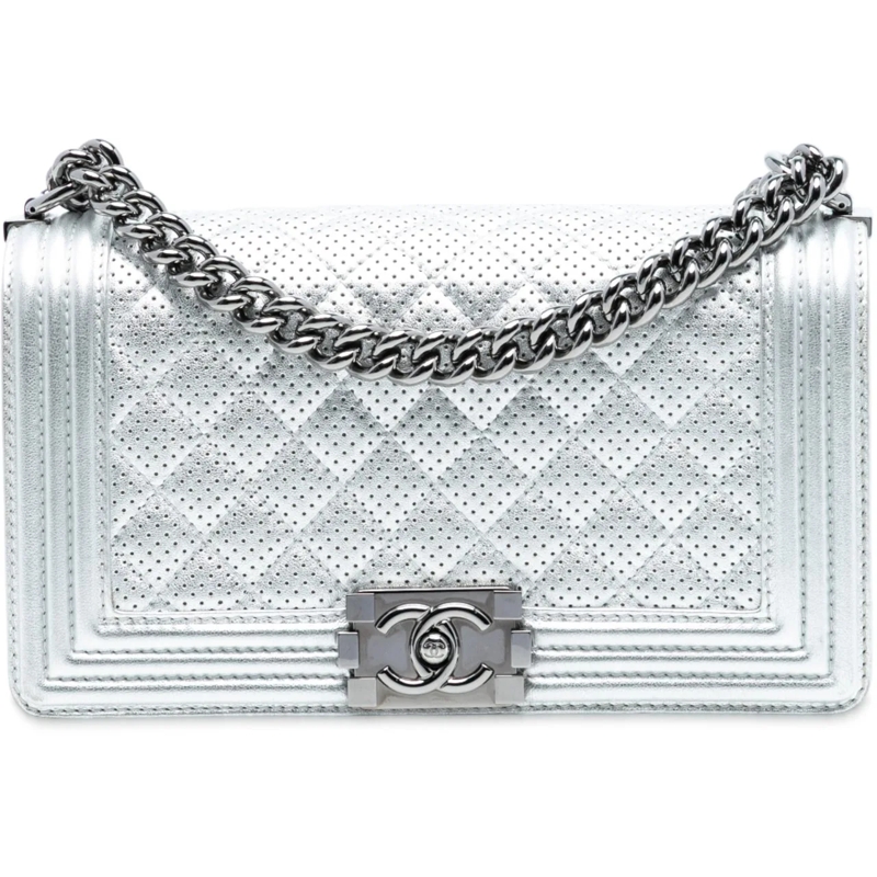 Chanel Schultertasche Old Medium Quilted Perforated Metallic Lambskin Bo silber