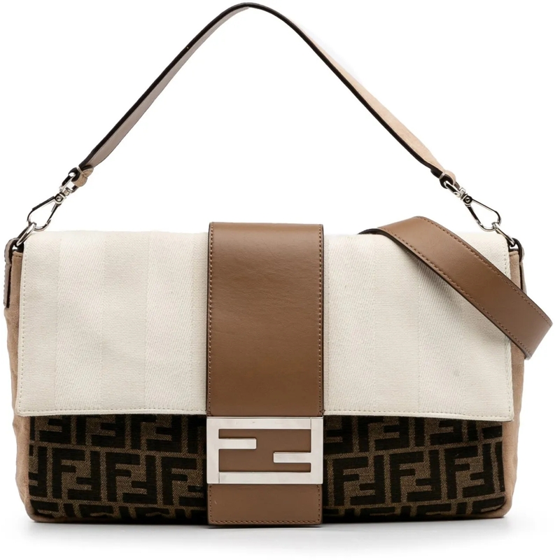 Fendi Schultertasche Large Zucca and Pequin Canvas Convertible Baguette braun