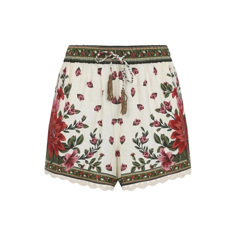 Farm Rio Casual Shorts Floral Print Shorts With Scalloped Hem White