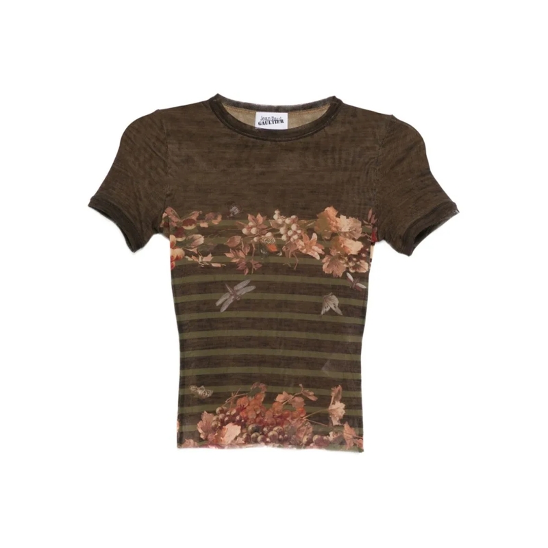 Jean Paul Gaultier T-shirt Fitted Multicolour Silk And Nylon Top With Nature- Brown