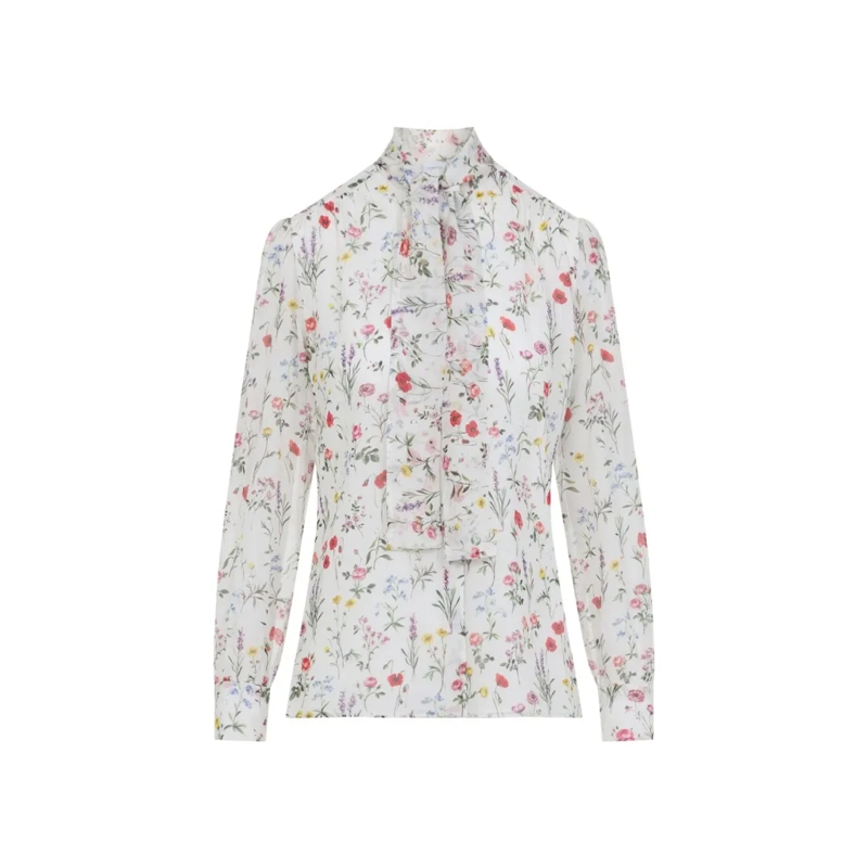 Giambattista Valli Overhemd Silk Floral Print Shirt With Ruffled Front White