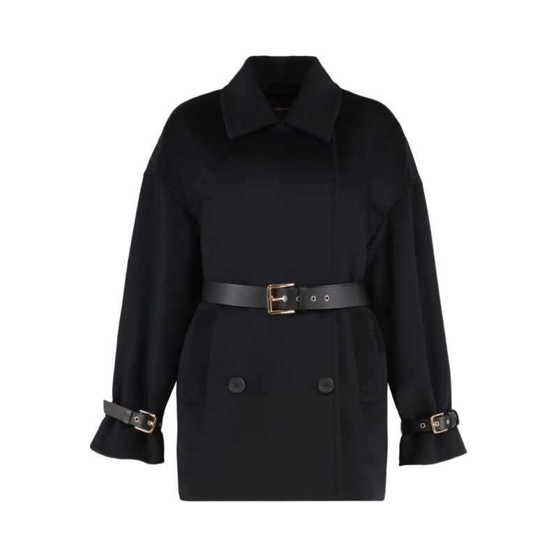 Max Mara Winterjas Double-Breasted Wool Pea Coat With Belted Waist Black