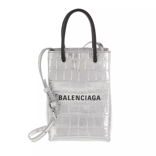 Balenciaga Shopping Phone Holder Bag Textured Leather Silver Mobilväska