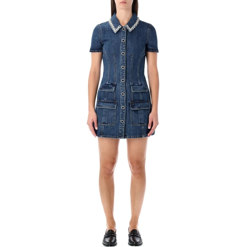 Self Portrait Mini-jurk Denim Mini Dress With Crystal-Embellished Collar Brown