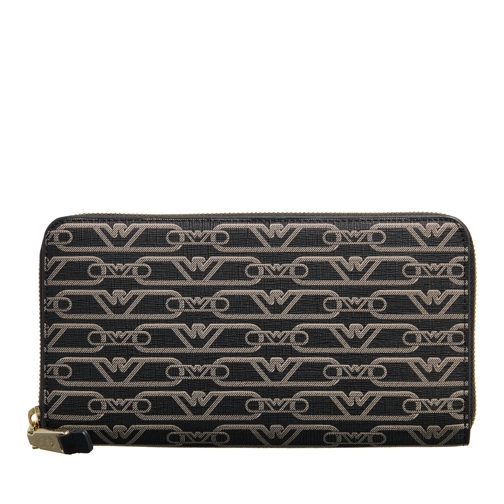 Emporio Armani Monogram Zi Nero-Ecru Portefeuille à fermeture Éclair