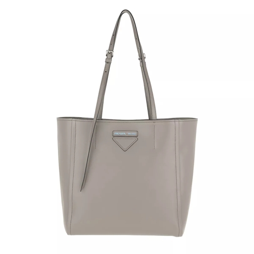 Prada Logo Tote Bag Rivets Leather Argilla/Nero Rymlig shoppingväska