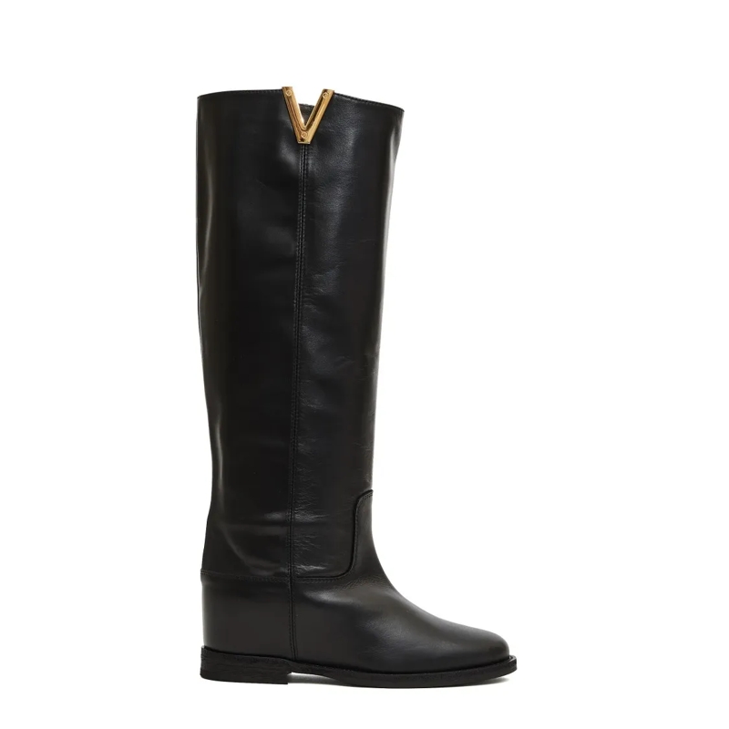 Via Roma 15 Laarzen Tall Leather Boots With Gold V Accent And Wedge He Black