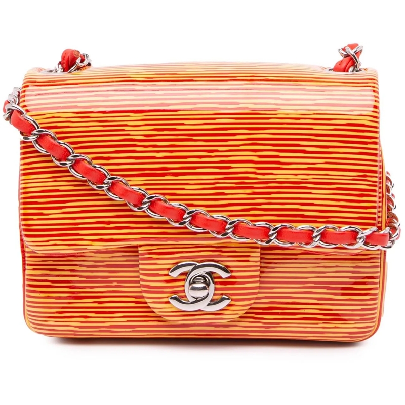 Chanel Sac à bandoulière Mini Square Classic Patent Striped Single Flap orange