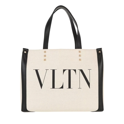 Valentino Garavani VLTN Mini Canvas Shopping Bag Natural/Black Rymlig shoppingväska