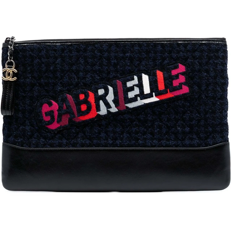 Chanel Clutch Large Tweed and Calfskin Embroidered Gabrielle O C blau
