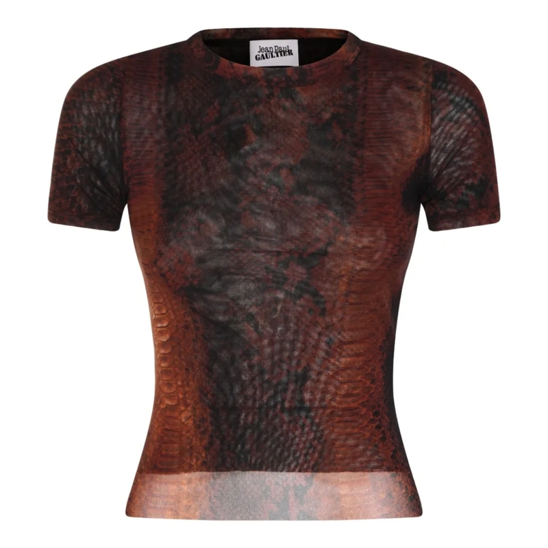 Jean Paul Gaultier T-Shirt Textured Semi-Sheer Fitted Top With Snake-Skin Des Black