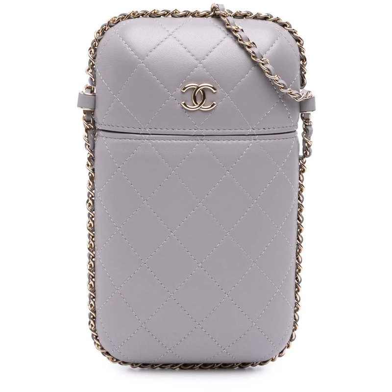 Chanel Schultertasche CC Quilted Lambskin Chain Around Phone Holder grau