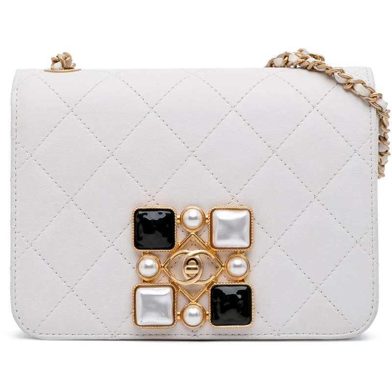 Chanel Sac à bandoulière Small CC Quilted Calfskin Crystal Pearl Full Flap weiß