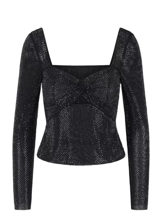 self-portrait - Rhinestone Sweetheart Mesh Top - Größe 10 - black