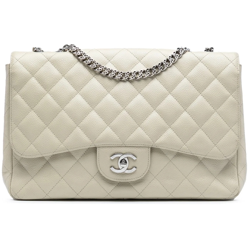 Chanel Schultertasche Jumbo Classic Caviar Bijoux Chain Single Flap weiß