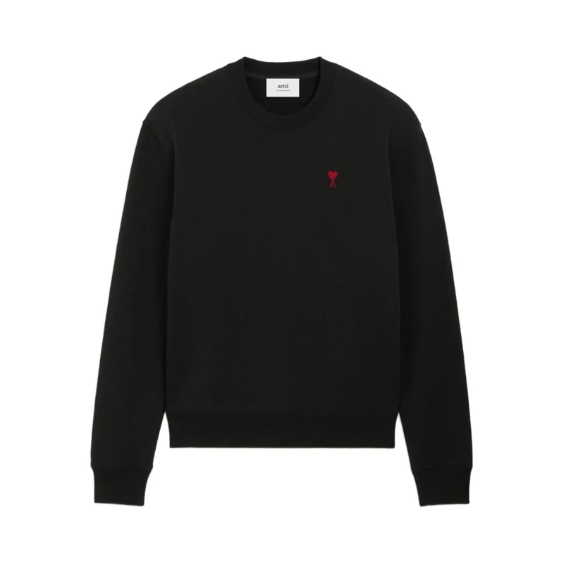 AMI Paris  Crewneck Sweater With Red Embroidered Heart Black