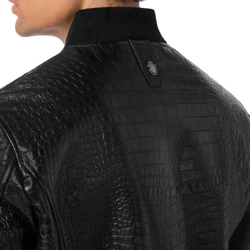 BILLIONAIRE Lederjacke Leder-Bomber Cocco Crocco Geprägt schwarz(Image 5)