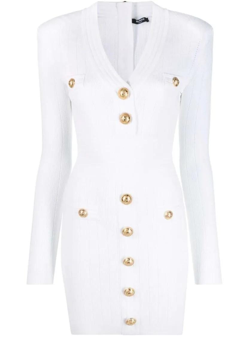 Thumbnail - Balmain - Button-Embellished Ribbed-Knit Minidress - Größe 38 - weiß
