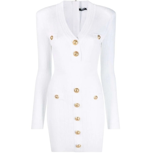 Balmain Mini-Kleider Button-Embellished Ribbed-Knit Minidress White