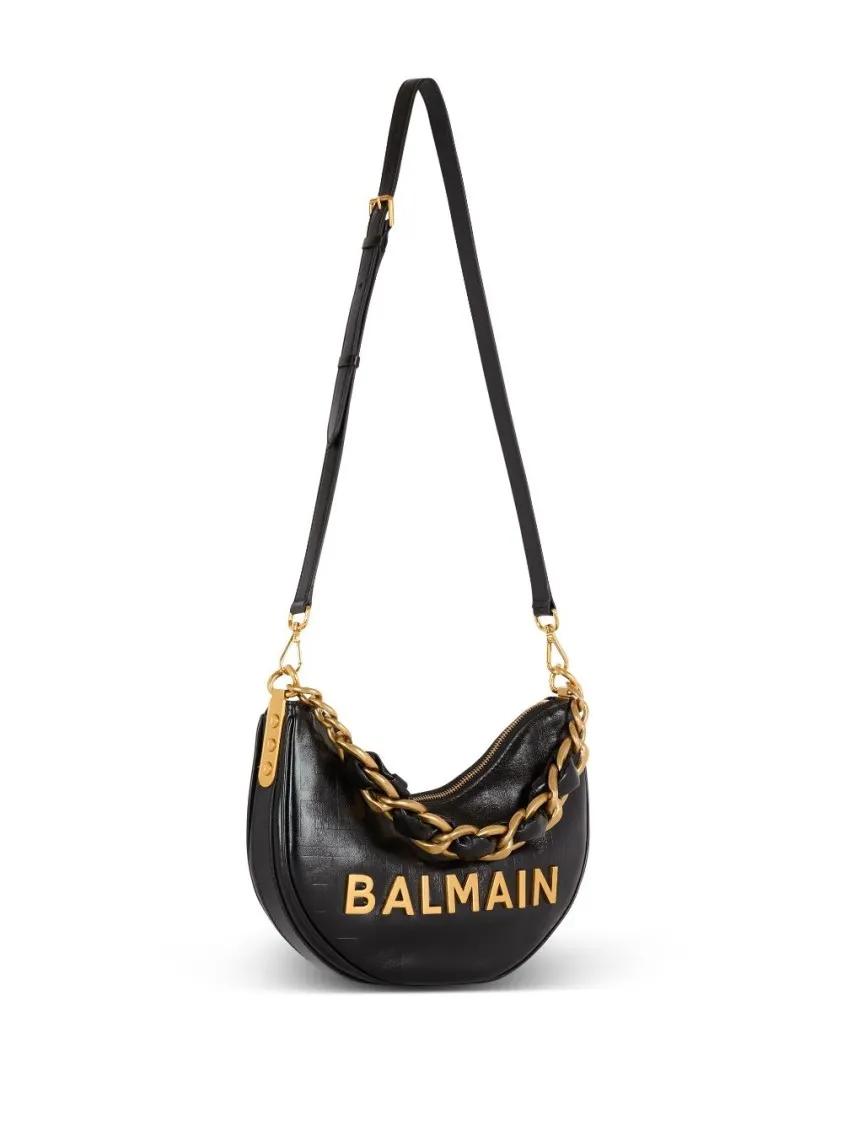 Balmain Hobo bags Black Leather Shoulder Bag With Gold-Tone Logo in zwart
