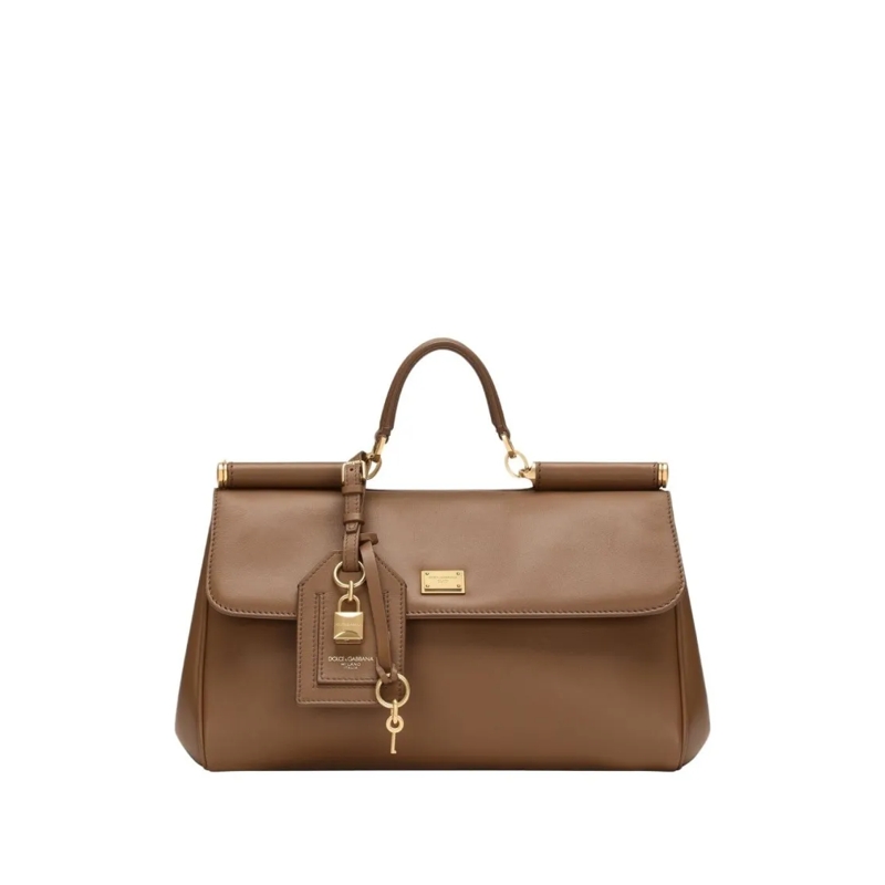 Dolce&Gabbana Fourre-tout Structured Beige Handbag With Gold-Tone Hardware Brown