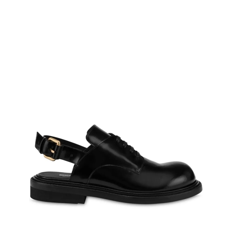 Moschino Loafer Front Lace-Up Black Calf Leather Sandals Black