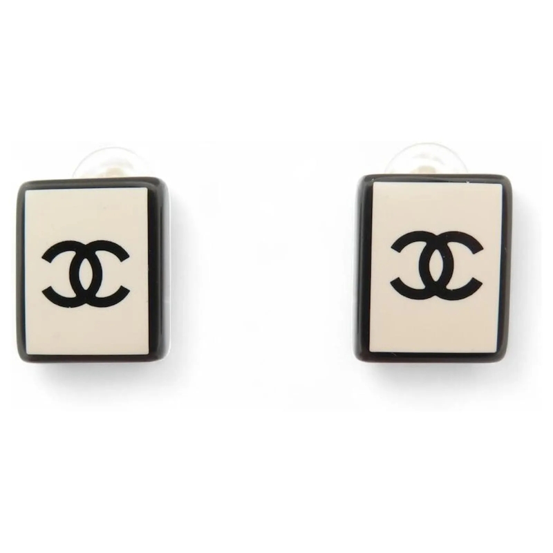 Chanel Ohrstecker NEUE CHANEL 2005 REKTANGULAR LOGO CC CREME HARLEKI weiß