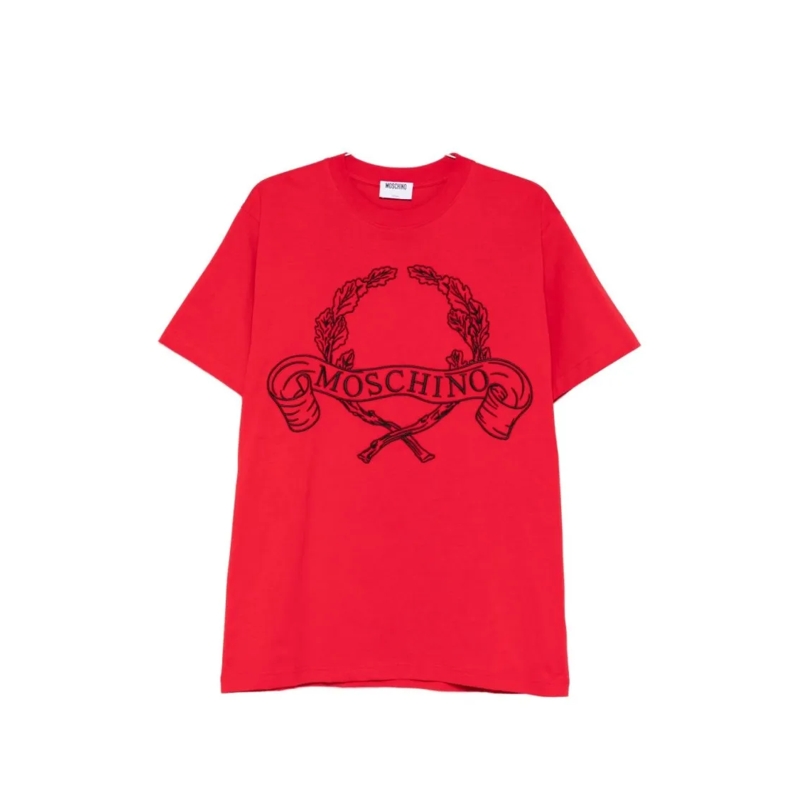 Moschino T-Shirt Graphic Red Silk-Nylon T-Shirt With Wreath Design Red