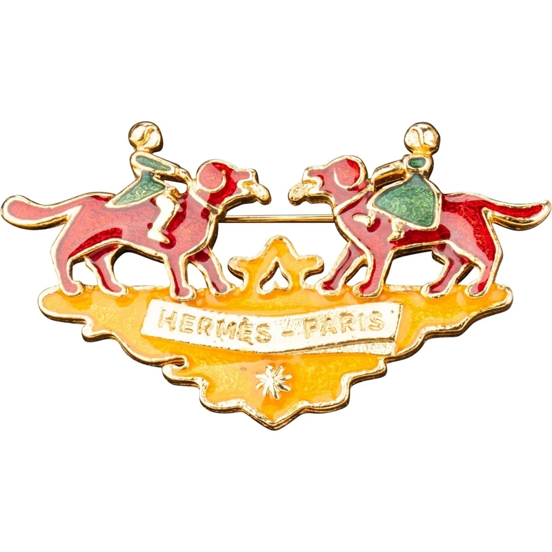 Hermès  Hermes Early Girl & Dog Emaille Brooch mehrfarbig