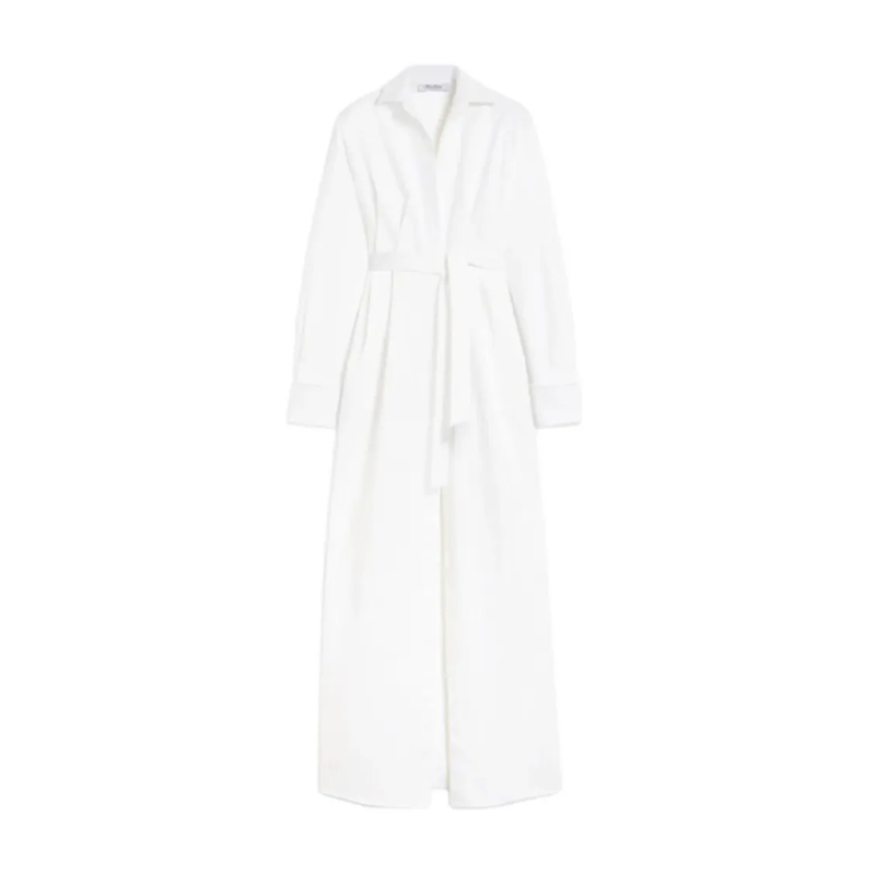 Max Mara  White Maxi Dress With Classic Collar And Belted Wa White