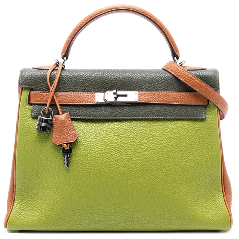 Hermès Schultertasche Tricolor Togo Kelly II Retourne 32 grün