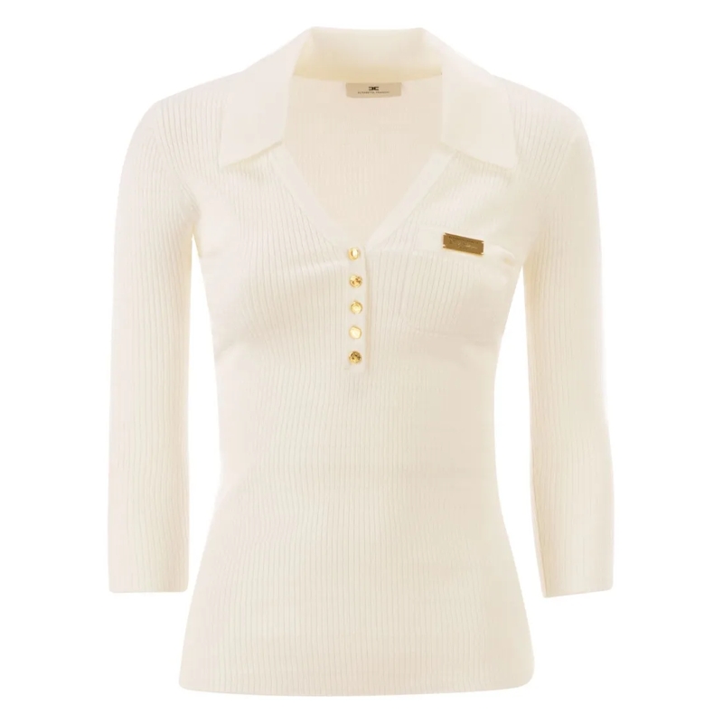 Elisabetta Franchi Overhemd Micro-Braided Ribbed Knit Polo Shirt With Gold Acc Neutrals