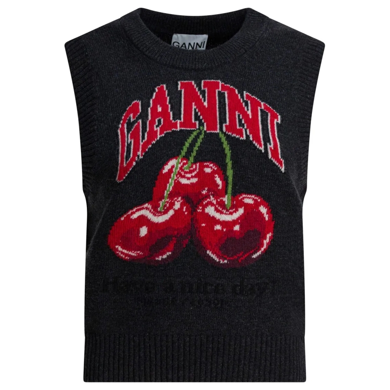 GANNI Pull Wool Vest With Bold Cherry Graphic Black