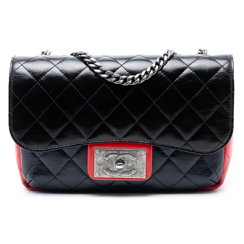 Chanel Schultertasche Medium Tricolor Quilted Glazed Calfskin CC Plate F schwarz