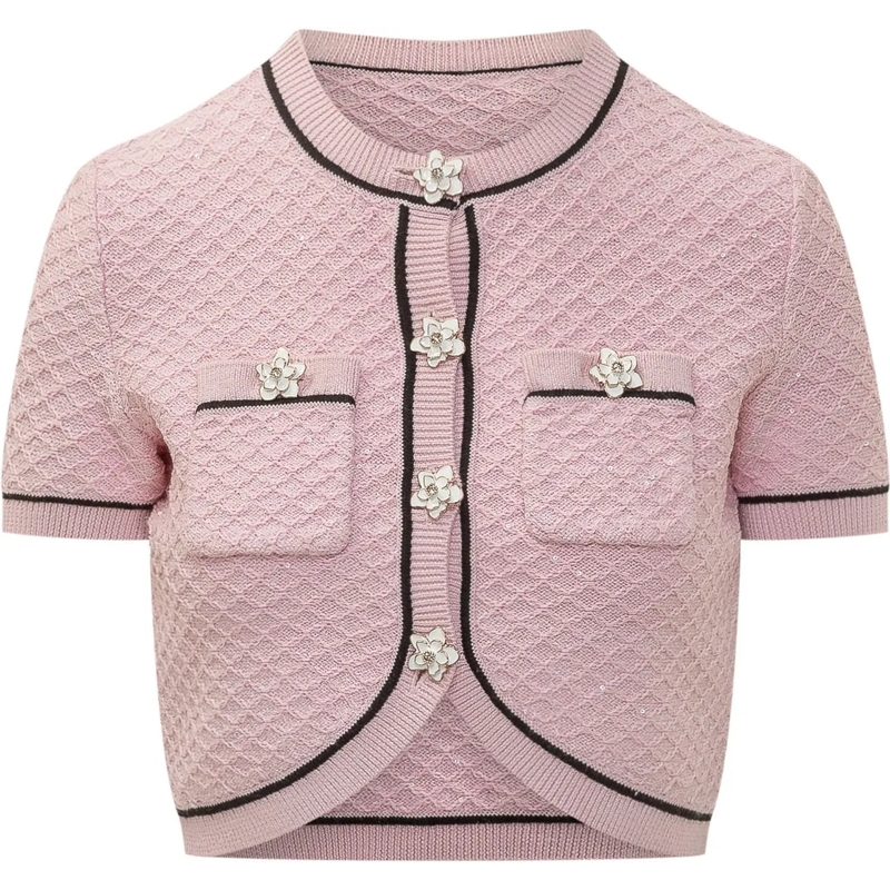 Self Portrait T-Shirt Top Corto con Bottoni Fiore rose