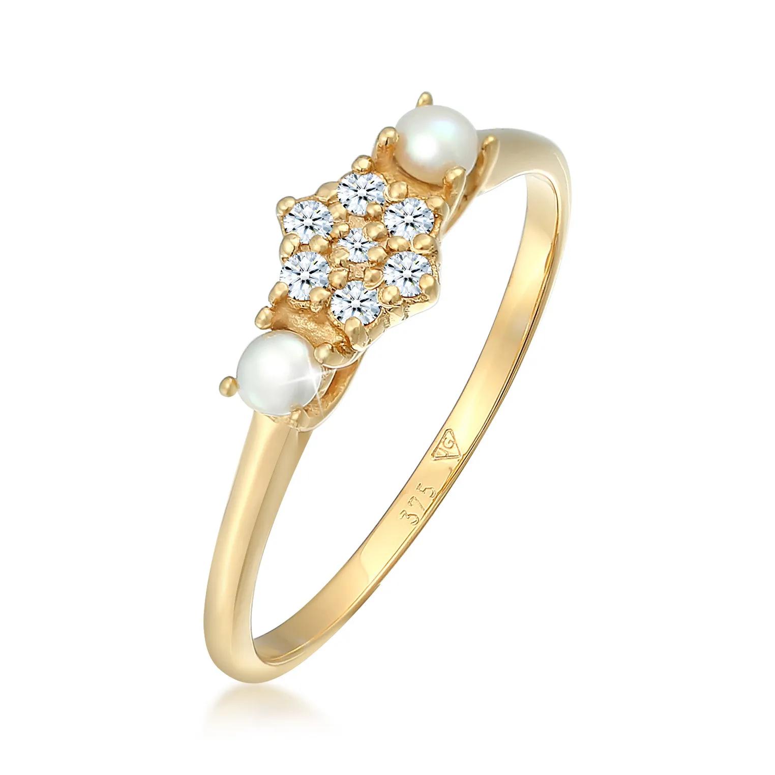 Elli Ringe - Ring Diamant (0.095 ct.) Süßwasserperle 375 Gelbgo - Gr. 52 MM - in Gold - für Damen