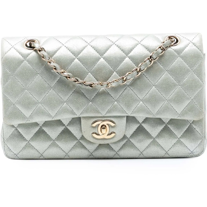 Chanel Schultertasche Medium Classic Iridescent Lambskin Double Flap silber