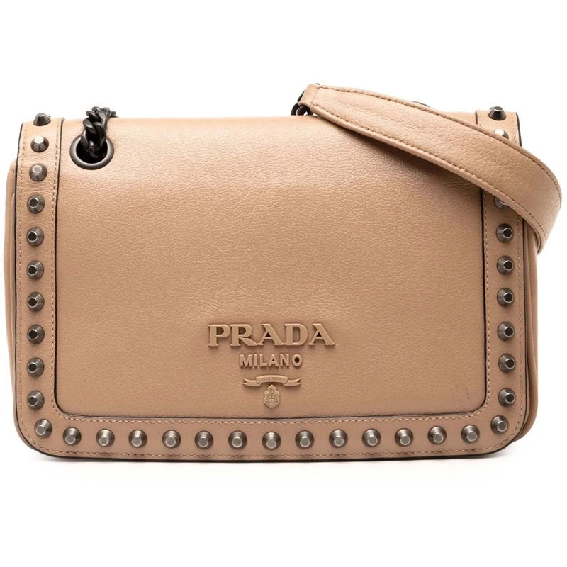Prada Schultertasche Glace Calfskin Studded Crossbody braun