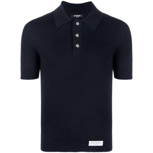 Balmain Polohemd Logo-Patch Wool Polo Shirt Blue