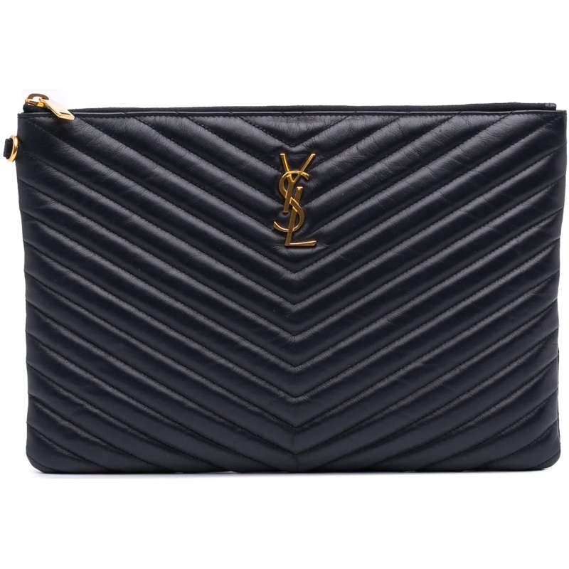 Saint Laurent Pochette Leather Chevron Monogram Document Holder blau